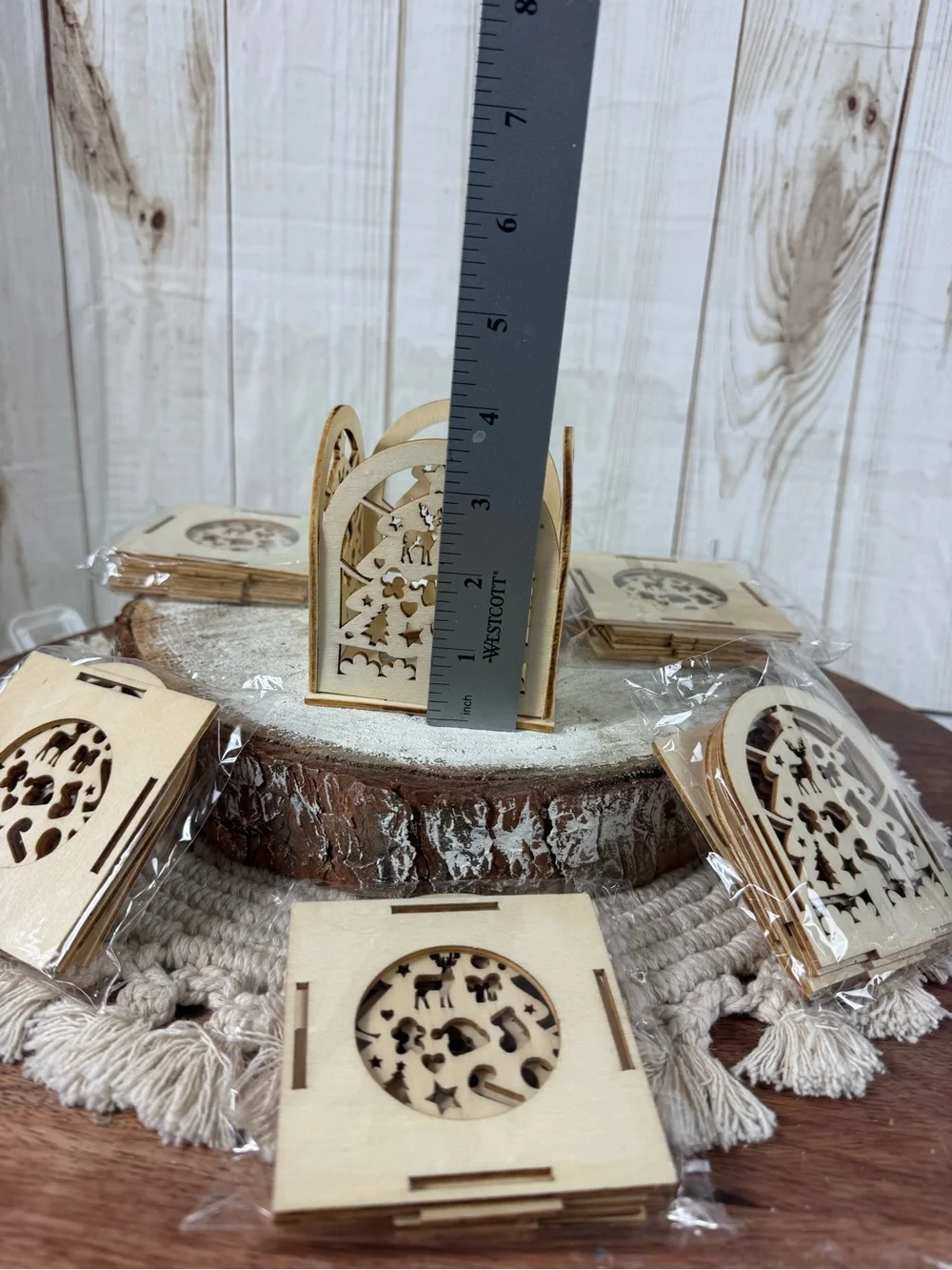 Wood carved Christmas tea light candle box winter scence (set of 6).